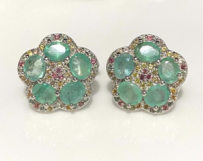 Vintage Sterling Silver Natural Emerald & Yellow, Orange Sapphire Earrings.