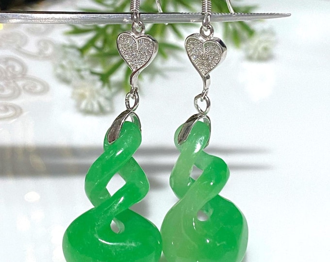 Vintage Sterling Silver Green Jade Twisted Dangle Earrings