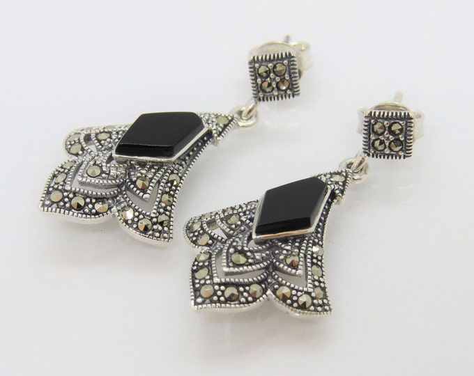 Vintage Sterling Silver Black Onyx & Marcasite Earrings