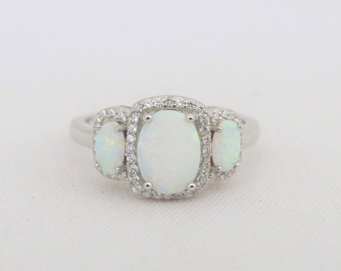 Sterling Silver White Opal & White Topaz Engagement Ring Size 9