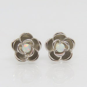 Vintage Sterling Silver White Opal Rose Flower Earrings