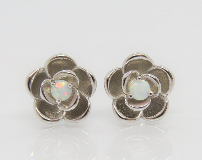 Vintage Sterling Silver White Opal Rose Flower Earrings