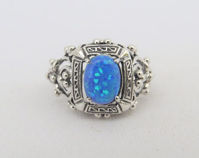 Sterling Silver Blue Opal Filigree Dome Ring Size 7