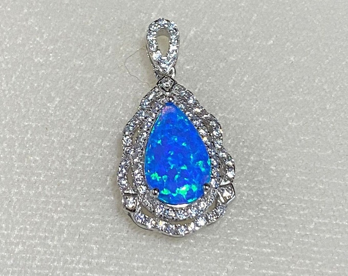 Vintage Sterling Silver Pear cut Blue Opal & White Topaz Pendant.