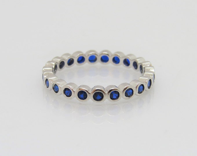 Vintage Sterling Silver Round Blue Sapphire Eternity Band Ring Size 8