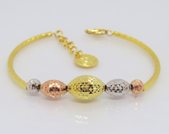 18K Tri-Color Solid Gold Diamond cut Balls Vintage Bracelet 6 2/8''