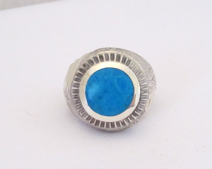 Vintage Sterling Silver Inlay Turquoise High Dome Ring Size 8