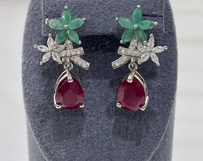Vintage Sterling Silver Natural Pear cut Ruby & Emerald, White Topaz Earrings.