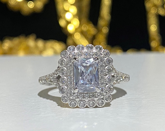 Vintage Sterling Silver White Topaz Halo Wedding Engagement Ring Size 6