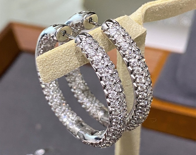 Vintage 18K Solid White Gold 5ct Diamond Inside Out Hoop Earrings 31MM