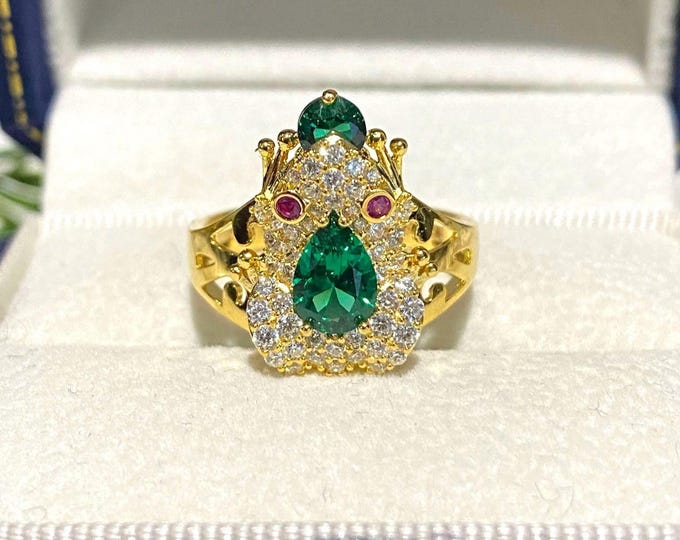 Vintage 15K 610 Solid Yellow Gold Emerald, Ruby & White Topaz Frog Ring Size 7