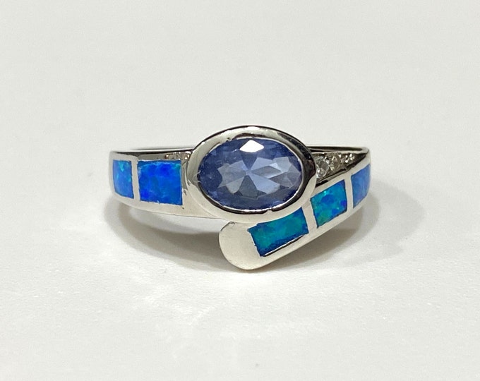 Vintage Sterling Silver Tanzanite & Blue Opal, White Topaz Ring Size 5