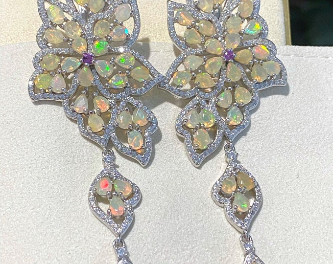 Vintage Sterling Silver Natural Fire Opal, Rhodolite & White Topaz Butterfly Dangle Earrings