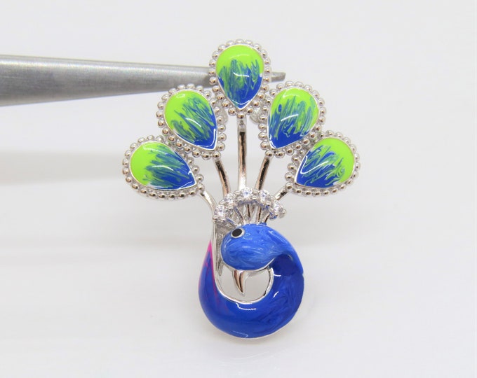 Vintage Sterling Silver Enamel Peacock White Topaz Pendant