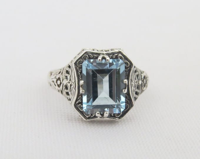 Sterling Silver Aquamarine Filigree Ring Size 7