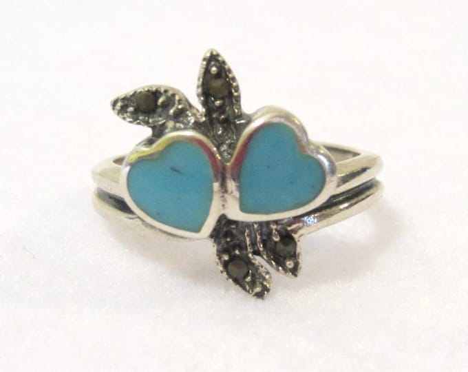 Vintage Sterling silver Inlaid Turquoise & Marcasite 2 Hearts ring size 7.5