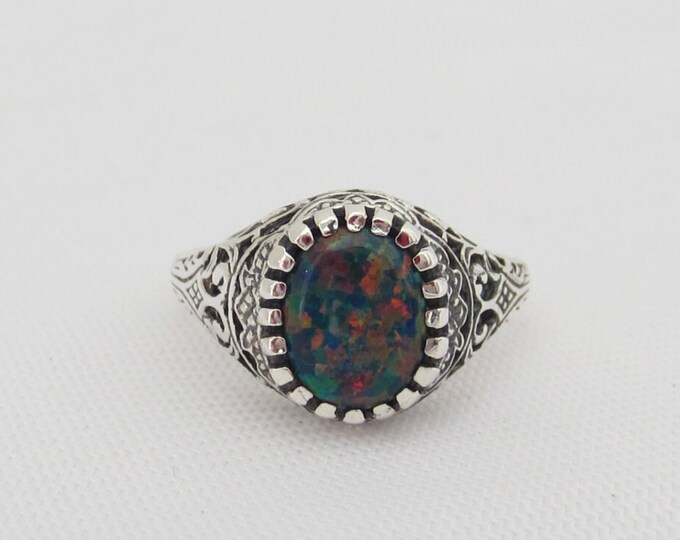 Vintage Sterling Silver Black Opal Filigree Ring Size 8
