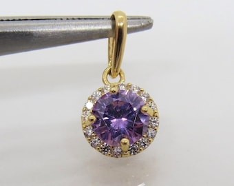 Vintage 14K Solid Yellow Gold Amethyst & White Topaz Halo Pendant