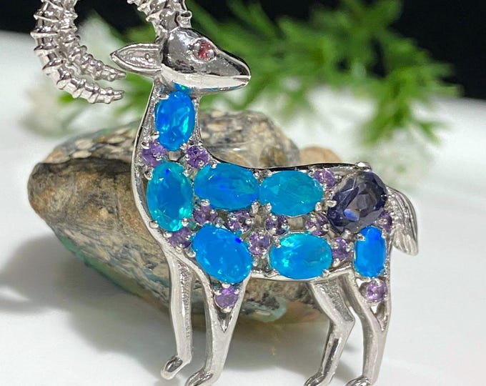 Vintage Sterling Silver Natural Blue Fire Opal, Amethyst Ram Goat Brooch