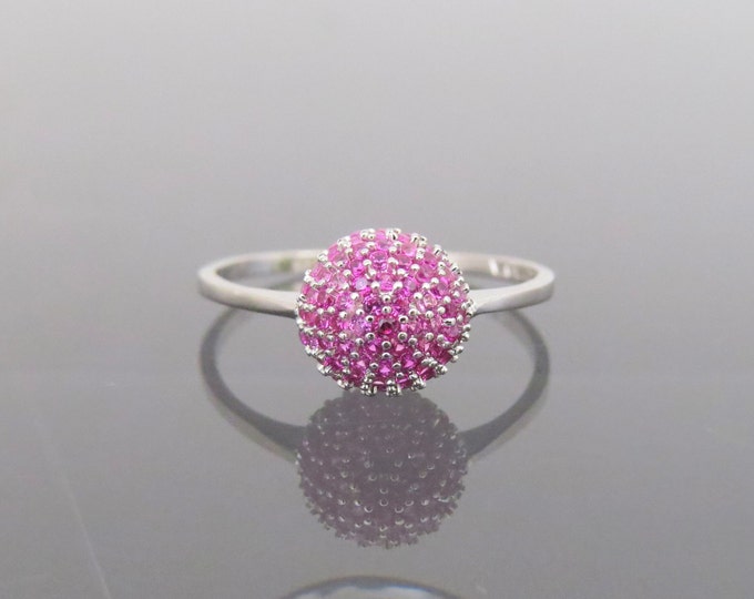 Vintage 18K Solid White Gold Ruby Ball Pave Ring Size 6