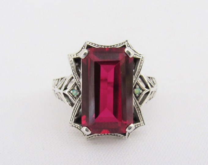 Vintage Sterling Silver Ruby & White Opal Filigree Ring Size 10