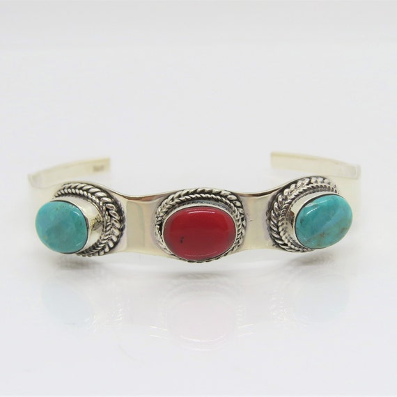 Vintage Sterling Silver Turquoise & Salmon Coral … - image 1