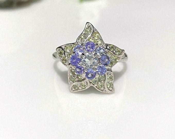Vintage Sterling Silver Natural Tanzanite, Aquamarine & Peridot Starfish Ring Size 8