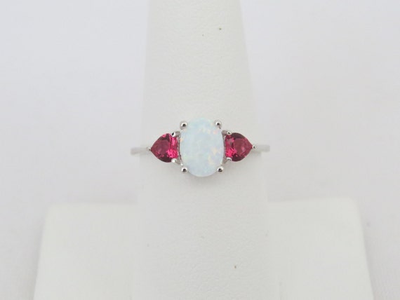 Vintage Sterling Silver White Opal & Red Ruby Rin… - image 3