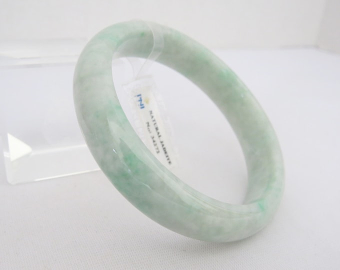 Vintage Translucent Natural Green White Jadeite Jade Wide Bangle Bracelet 58MM