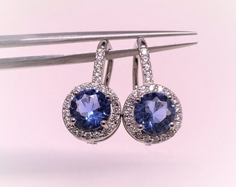 Boucles D'oreilles Anciennes Or Blanc Avec Tanzanite - Pendantes Dormeuses