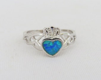 Vintage Claddagh Sterling Silver Inlay Blue Opal Ring Size 10