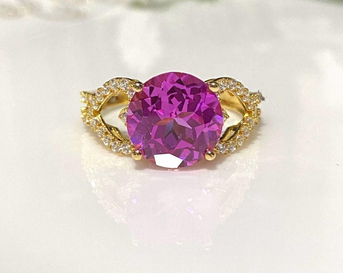 Vintage 18K Solid Yellow Gold Pink Tourmaline & White Topaz Heart Ring Size 7