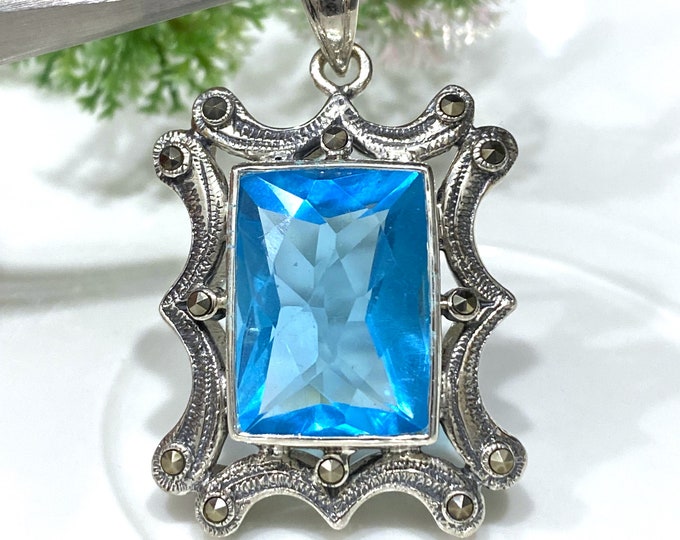 Vintage Sterling Silver Blue Topaz & Marcasite Pendant