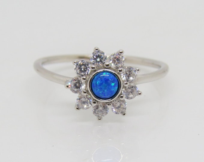Vintage Sterling Silver Blue Opal & White Topaz Flower Ring Size 7