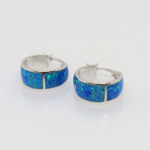 Sterling Silver Blue Opal Hoops Earrings.