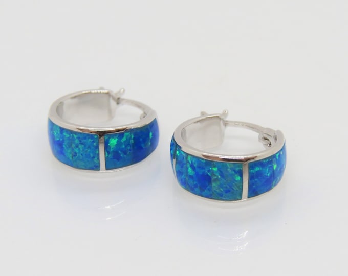 Sterling Silver Blue Opal Hoops Earrings.