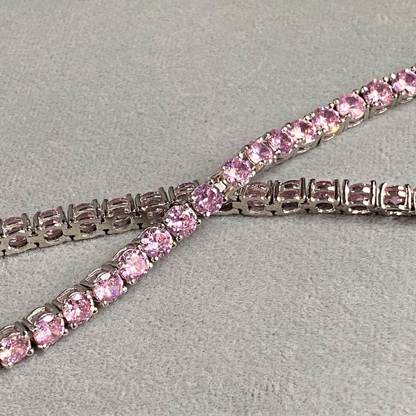 Vintage Sterling Silver Round cut Pink Sapphire Link Bracelet 7 1/2''