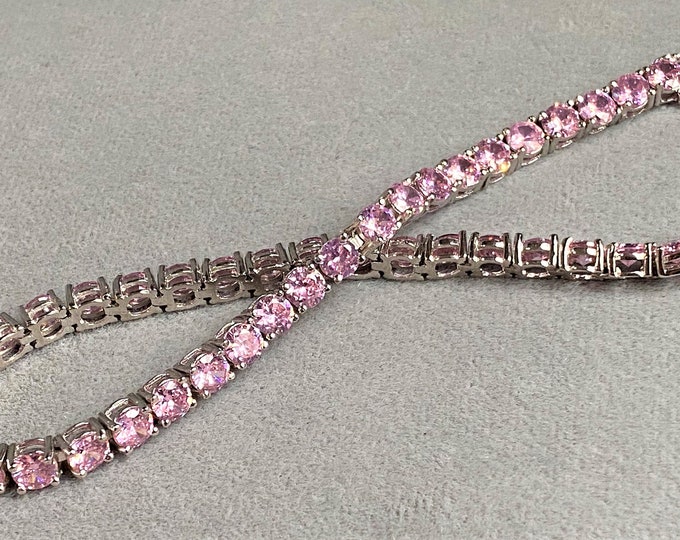 Vintage Sterling Silver Round cut Pink Sapphire Link Bracelet 7 1/2''