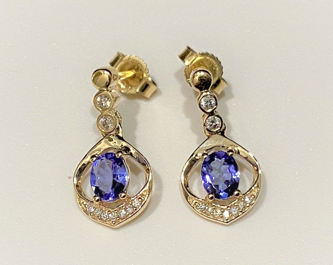 Vintage 14K Solid Yellow Gold Genuine Tanzanite & Diamond Earrings.