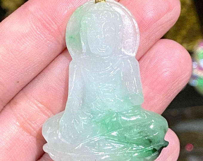 Vintage 14K Solid Yellow Gold Green, White Jadeite Jade & White Topaz Carved Buddha Pendant. Mat Cam Thach Phat Bon Su Thich Ca.