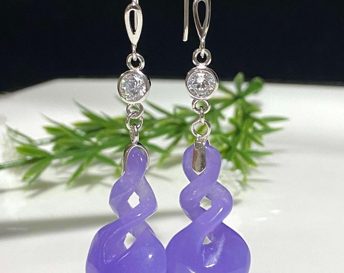 Vintage Sterling Silver Purple Lavender Jade Twisted Dangle Earrings