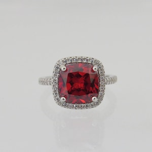 Vintage Sterling Silver Cushion Cut Fire Garnet & White Topaz Engagement Ring Size 8