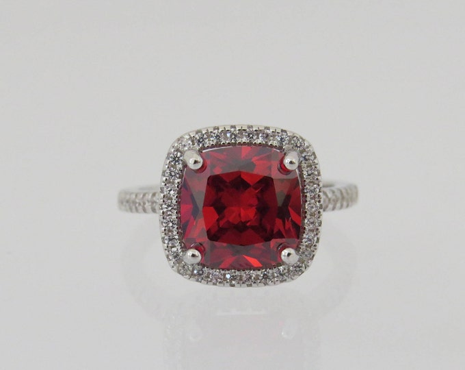 Vintage Sterling Silver Cushion Cut Fire Garnet & White Topaz Engagement Ring Size 8