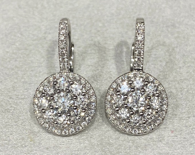 Vintage 18K White Gold 1.61ct Round cut Cluster Diamond Huggie Earrings.