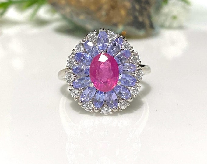 Vintage Sterling Silver Natural Ruby, Tanzanite & White Topaz Ring Size 7
