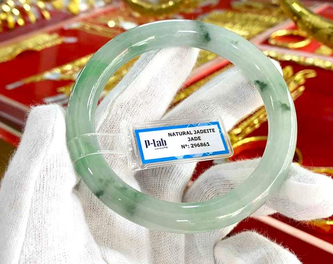 Vintage Translucent Natural Green, White Jadeite Jade Bangle Bracelet 61MM