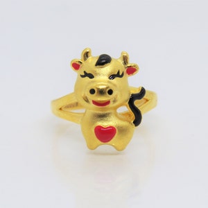 24K 9999 Pure Gold Enamel OX, Cow Zodiac Vintage Ring Size 6.25