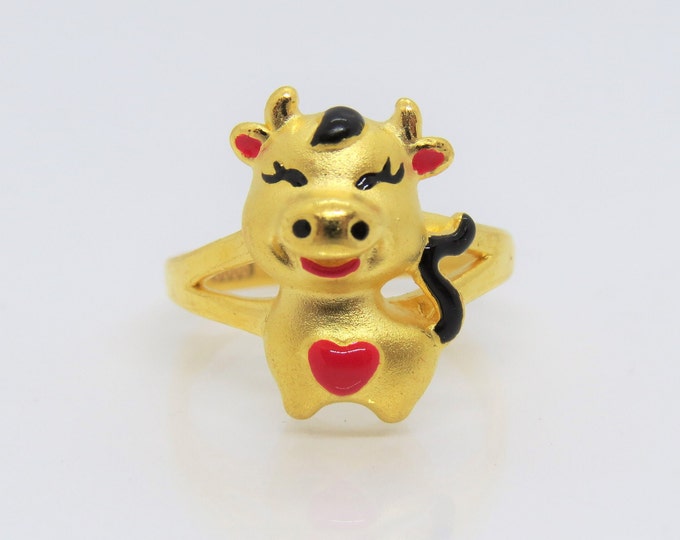 24K 9999 Pure Gold Enamel OX, Cow Zodiac Vintage Ring Size 6.25