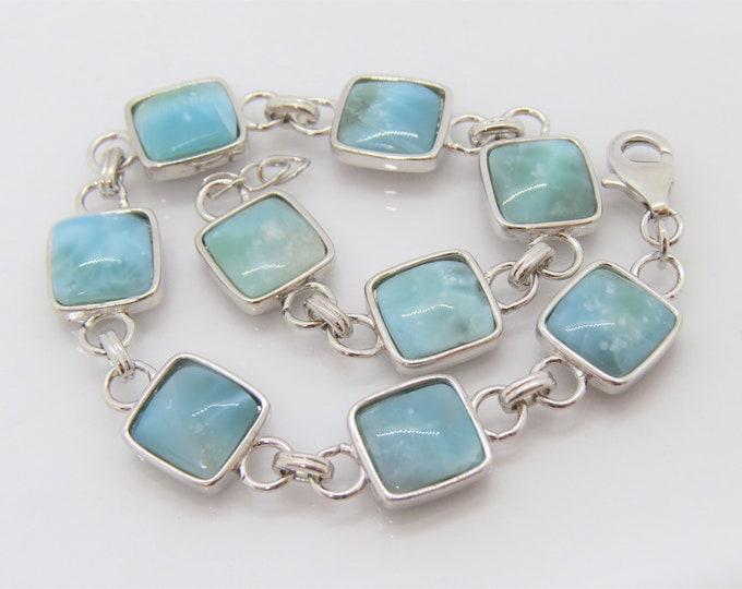 Vintage Sterling Silver Cushion Natural Larimar Link Bracelet 8''