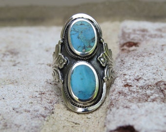 Vintage Sterling Silver Turquoise Filigree Ring.